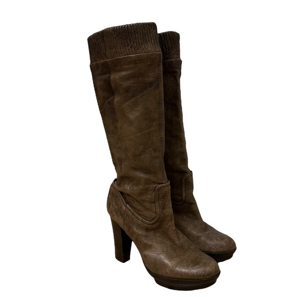 Frye Boots Knew High Brown Leather Heeled Mimi Scrunch Fall Women’s Size 6.5 - Picture 1 of 11